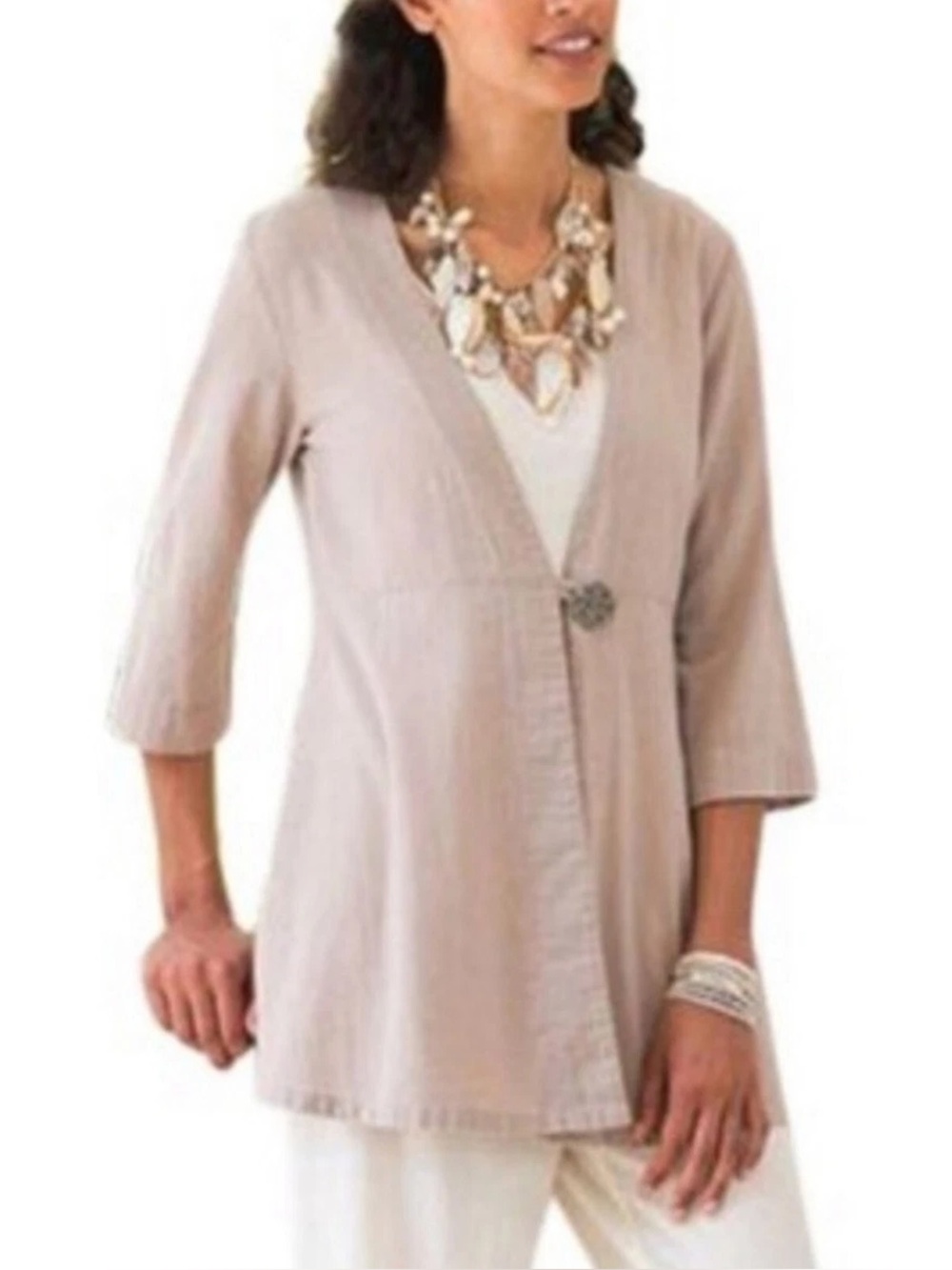 SOFT SURROUNDINGS 3/4 Sleeve One Button Long Cover Up Tunic Top Beige Sz 2X
